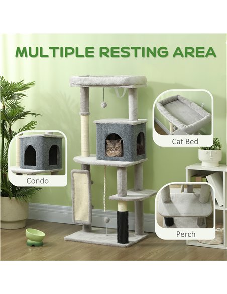 PawHut 132cm Cat Tree w/ Scratching Posts, Pad, Cat Bed, Cat House, Jumping Platform, Grooming Brush, Anti-Tip Kit, Light Grey - pic 147452 | FastDaddyshop