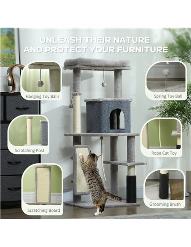 PawHut 132cm Cat Tree w/ Scratching Posts, Pad, Cat Bed, Cat House, Jumping Platform, Grooming Brush, Anti-Tip Kit, Light Grey