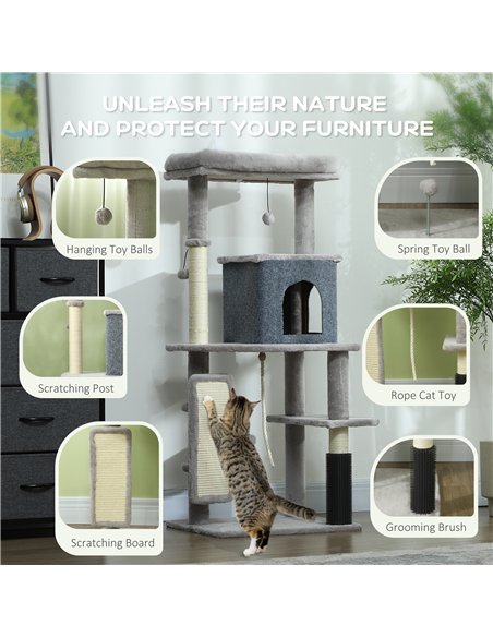 PawHut 132cm Cat Tree w/ Scratching Posts, Pad, Cat Bed, Cat House, Jumping Platform, Grooming Brush, Anti-Tip Kit, Light Grey - pic 147453 | FastDaddyshop
