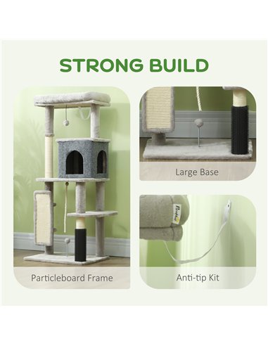 PawHut 132cm Cat Tree w/ Scratching Posts, Pad, Cat Bed, Cat House, Jumping Platform, Grooming Brush, Anti-Tip Kit, Light Grey