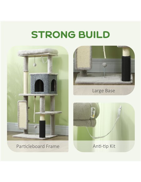 PawHut 132cm Cat Tree w/ Scratching Posts, Pad, Cat Bed, Cat House, Jumping Platform, Grooming Brush, Anti-Tip Kit, Light Grey - pic 147454 | FastDaddyshop