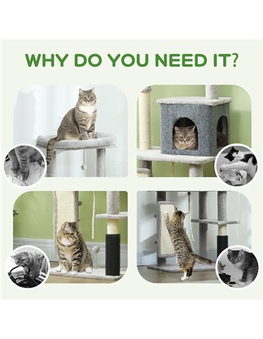 PawHut 132cm Cat Tree w/ Scratching Posts, Pad, Cat Bed, Cat House, Jumping Platform, Grooming Brush, Anti-Tip Kit, Light Grey