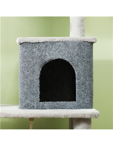 PawHut 132cm Cat Tree w/ Scratching Posts, Pad, Cat Bed, Cat House, Jumping Platform, Grooming Brush, Anti-Tip Kit, Light Grey