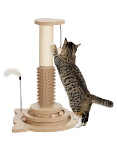 PawHut 49cm 5 in 1 Cat Scratching Post with Sisal Post, Track Ball, Self Grooming Brush, Hanging Toy Ball, Feather, Oak Tone