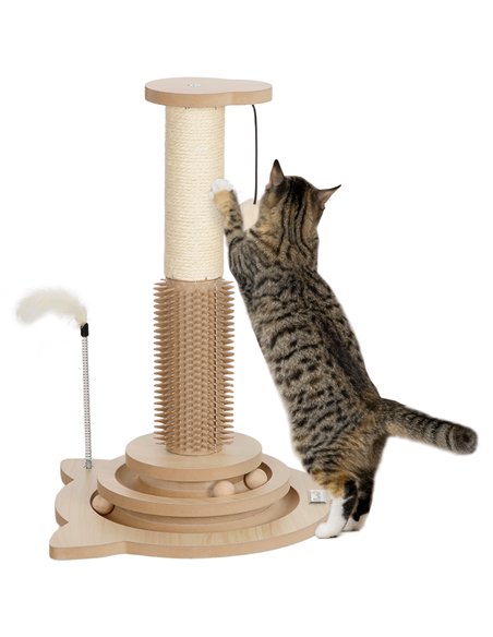 PawHut 49cm 5 in 1 Cat Scratching Post with Sisal Post, Track Ball, Self Grooming Brush, Hanging Toy Ball, Feather, Oak Tone - pic 147458 | FastDaddyshop