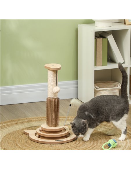 PawHut 49cm 5 in 1 Cat Scratching Post with Sisal Post, Track Ball, Self Grooming Brush, Hanging Toy Ball, Feather, Oak Tone - pic 147459 | FastDaddyshop