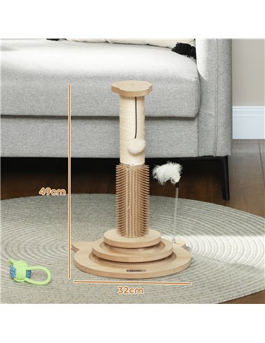 PawHut 49cm 5 in 1 Cat Scratching Post with Sisal Post, Track Ball, Self Grooming Brush, Hanging Toy Ball, Feather, Oak Tone