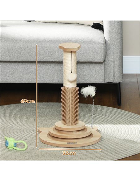 PawHut 49cm 5 in 1 Cat Scratching Post with Sisal Post, Track Ball, Self Grooming Brush, Hanging Toy Ball, Feather, Oak Tone - pic 147460 | FastDaddyshop