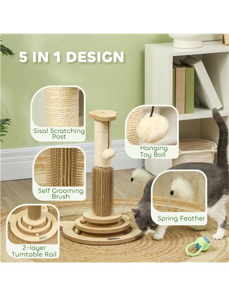 PawHut 49cm 5 in 1 Cat Scratching Post with Sisal Post, Track Ball, Self Grooming Brush, Hanging Toy Ball, Feather, Oak Tone - pic 147461 | FastDaddyshop
