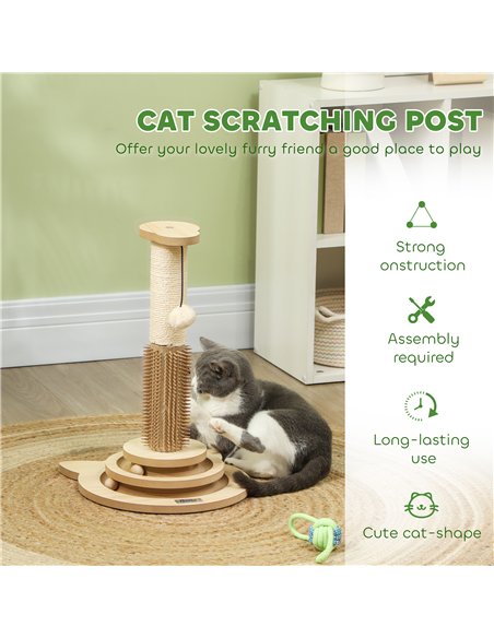 PawHut 49cm 5 in 1 Cat Scratching Post with Sisal Post, Track Ball, Self Grooming Brush, Hanging Toy Ball, Feather, Oak Tone - pic 147462 | FastDaddyshop