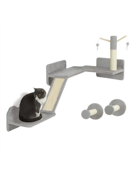 PawHut 3-Piece Cat Wall Furniture with Scratching Posts, Scratching Pads, Perches, Cat Wands, Toy Balls, Light Grey - pic 147467 | FastDaddyshop