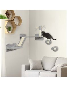 PawHut 3-Piece Cat Wall Furniture with Scratching Posts, Scratching Pads, Perches, Cat Wands, Toy Balls, Light Grey 2