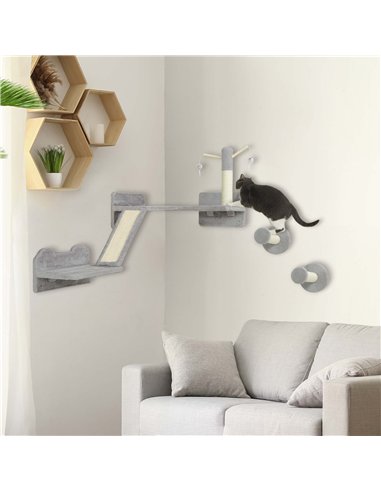 PawHut 3-Piece Cat Wall Furniture with Scratching Posts, Scratching Pads, Perches, Cat Wands, Toy Balls, Light Grey