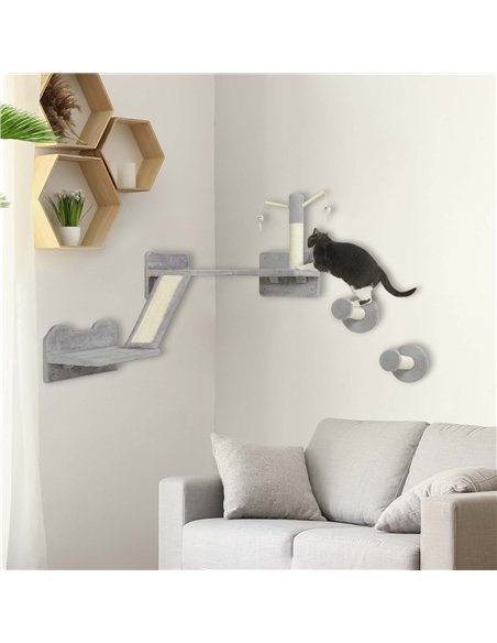 PawHut 3-Piece Cat Wall Furniture with Scratching Posts, Scratching Pads, Perches, Cat Wands, Toy Balls, Light Grey - pic 147468 | FastDaddyshop
