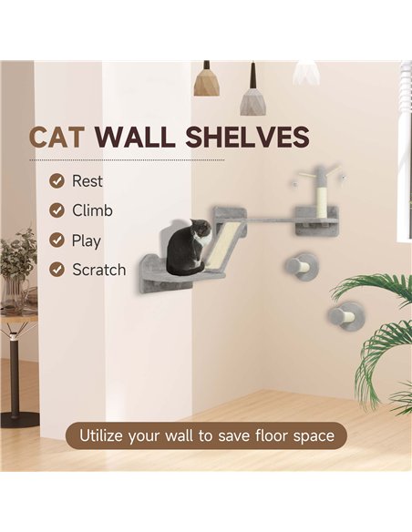 PawHut 3-Piece Cat Wall Furniture with Scratching Posts, Scratching Pads, Perches, Cat Wands, Toy Balls, Light Grey - pic 147470 | FastDaddyshop