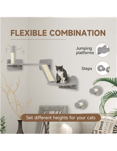 PawHut 3-Piece Cat Wall Furniture with Scratching Posts, Scratching Pads, Perches, Cat Wands, Toy Balls, Light Grey