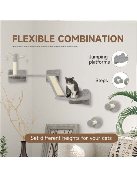 PawHut 3-Piece Cat Wall Furniture with Scratching Posts, Scratching Pads, Perches, Cat Wands, Toy Balls, Light Grey - pic 147471 | FastDaddyshop