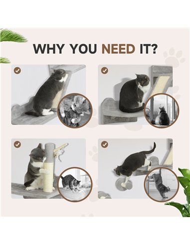 PawHut 3-Piece Cat Wall Furniture with Scratching Posts, Scratching Pads, Perches, Cat Wands, Toy Balls, Light Grey
