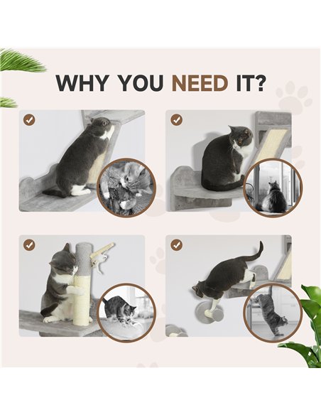 PawHut 3-Piece Cat Wall Furniture with Scratching Posts, Scratching Pads, Perches, Cat Wands, Toy Balls, Light Grey - pic 147472 | FastDaddyshop