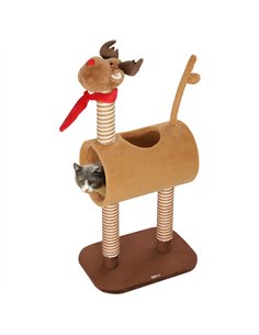 PawHut 98cm Deer-Designed Cat Tree with Scratching Posts, Toy Ball, Tunnel, Brown
