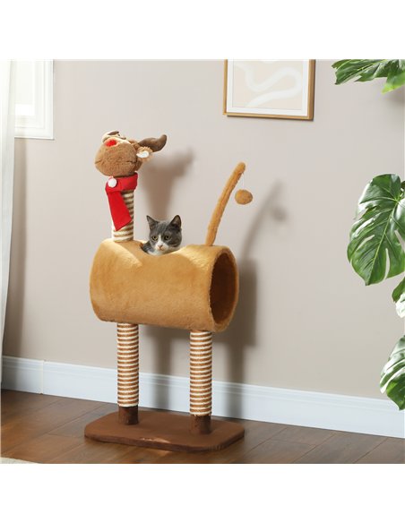 PawHut 98cm Deer-Designed Cat Tree with Scratching Posts, Toy Ball, Tunnel, Brown - pic 147477 | FastDaddyshop