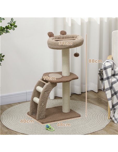 PawHut Cat Tree for Indoor Cats, 88cm Cat Tower with Sisal Scratching Post, Hanging Ball, Large Cat Perch, Stairs, Brown - pic 147487 | FastDaddyshop