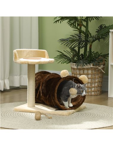 PawHut 47cm Small Cat Tree w/ Scratching Post, Bed, Cat Tunnel, Toy Ball, Dark Brown