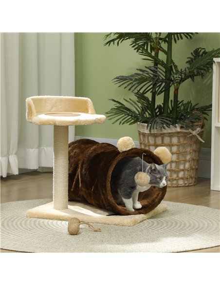 PawHut 47cm Small Cat Tree w/ Scratching Post, Bed, Cat Tunnel, Toy Ball, Dark Brown - pic 147495 | FastDaddyshop