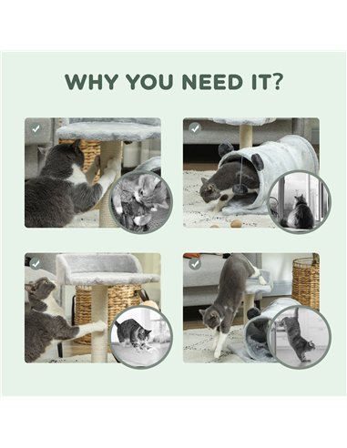 PawHut 47cm Small Cat Tree w/ Scratching Post, Bed, Cat Tunnel, Toy Ball, Grey