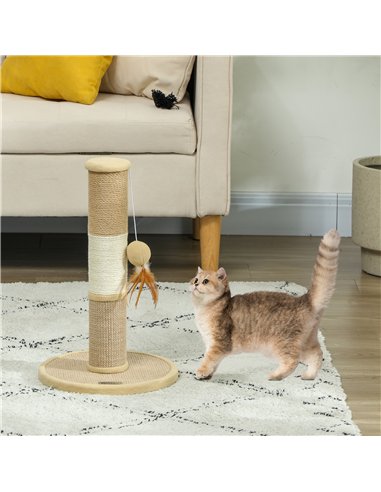 PawHut Cat Scratching Post for Indoor Cats, 47cm Tall Cat Scratcher with Jute Sisal Rope, Hanging Toy Ball, Feather, Brown