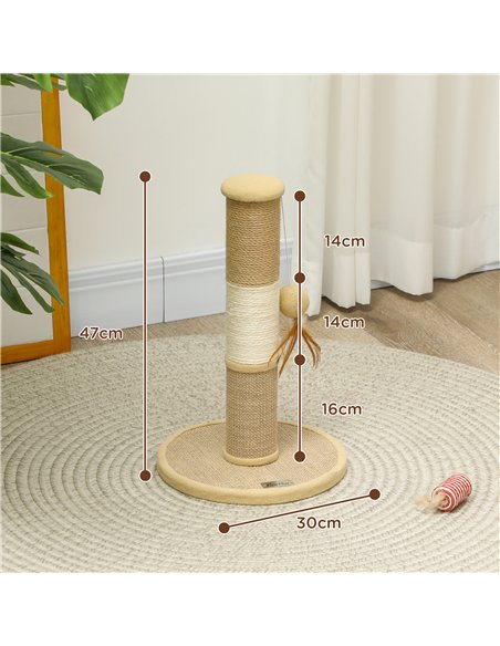 PawHut Cat Scratching Post for Indoor Cats, 47cm Tall Cat Scratcher with Jute Sisal Rope, Hanging Toy Ball, Feather, Brown - pic 147523 | FastDaddyshop