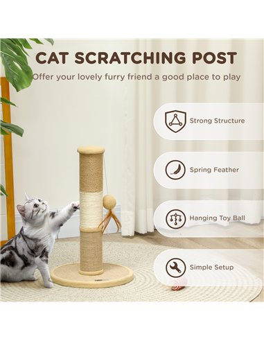 PawHut Cat Scratching Post for Indoor Cats, 47cm Tall Cat Scratcher with Jute Sisal Rope, Hanging Toy Ball, Feather, Brown