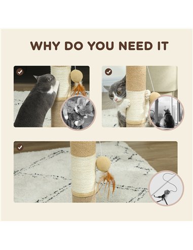 PawHut Cat Scratching Post for Indoor Cats, 47cm Tall Cat Scratcher with Jute Sisal Rope, Hanging Toy Ball, Feather, Brown