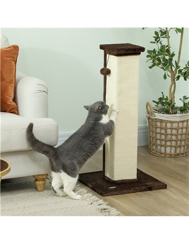PawHut 81cm Cat Scratcher, Vertical Full Scratcher w/ Natural Sisal Rope, Hanging Ball, Soft Plush - Brown