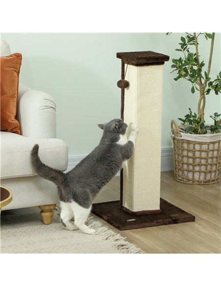 PawHut 81cm Cat Scratcher, Vertical Full Scratcher w/ Natural Sisal Rope, Hanging Ball, Soft Plush - Brown - pic 147549 | FastDaddyshop
