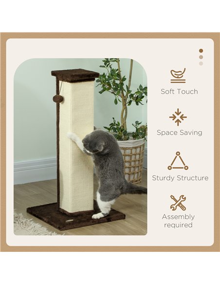 PawHut 81cm Cat Scratcher, Vertical Full Scratcher w/ Natural Sisal Rope, Hanging Ball, Soft Plush - Brown - pic 147551 | FastDaddyshop