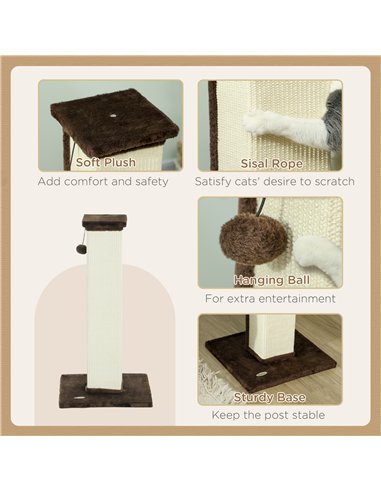 PawHut 81cm Cat Scratcher, Vertical Full Scratcher w/ Natural Sisal Rope, Hanging Ball, Soft Plush - Brown
