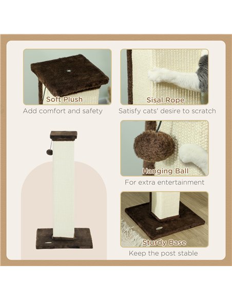 PawHut 81cm Cat Scratcher, Vertical Full Scratcher w/ Natural Sisal Rope, Hanging Ball, Soft Plush - Brown - pic 147552 | FastDaddyshop