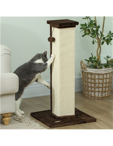 PawHut 81cm Cat Scratcher, Vertical Full Scratcher w/ Natural Sisal Rope, Hanging Ball, Soft Plush - Brown