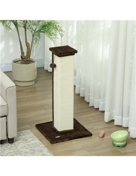 PawHut 81cm Cat Scratcher, Vertical Full Scratcher w/ Natural Sisal Rope, Hanging Ball, Soft Plush - Brown - pic 147555 | FastDaddyshop
