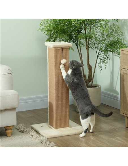 PawHut 81cm Cat Scratcher, Vertical Full Scratcher w/ Natural Jute Rope, Hanging Ball, Soft Plush - Beige - pic 147567 | FastDaddyshop
