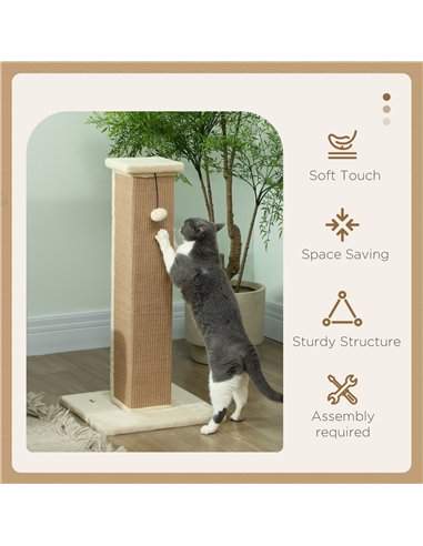 PawHut 81cm Cat Scratcher, Vertical Full Scratcher w/ Natural Jute Rope, Hanging Ball, Soft Plush - Beige