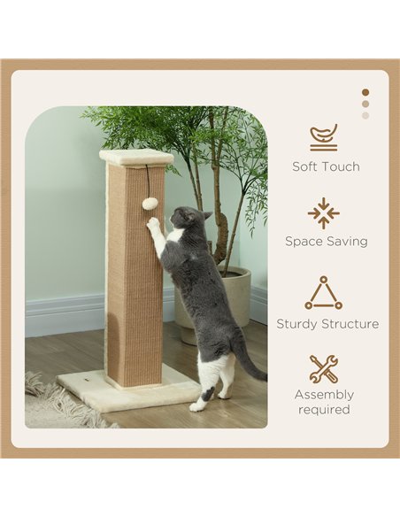 PawHut 81cm Cat Scratcher, Vertical Full Scratcher w/ Natural Jute Rope, Hanging Ball, Soft Plush - Beige - pic 147569 | FastDaddyshop
