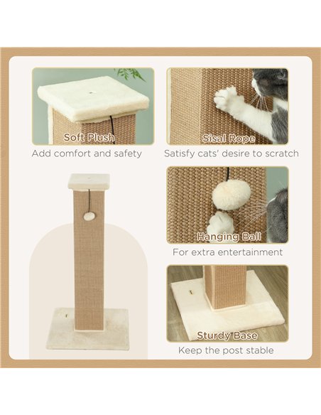 PawHut 81cm Cat Scratcher, Vertical Full Scratcher w/ Natural Jute Rope, Hanging Ball, Soft Plush - Beige - pic 147570 | FastDaddyshop