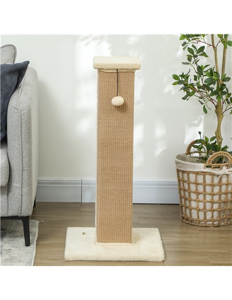 PawHut 81cm Cat Scratcher, Vertical Full Scratcher w/ Natural Jute Rope, Hanging Ball, Soft Plush - Beige - pic 147573 | FastDaddyshop