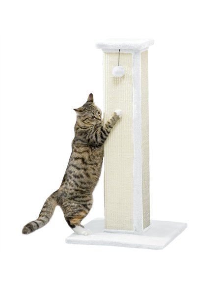 PawHut 81cm Cat Scratcher, Vertical Full Scratcher w/ Natural Sisal Rope, Hanging Ball, Soft Plush - White - pic 147593 | FastDaddyshop