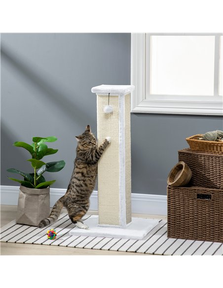 PawHut 81cm Cat Scratcher, Vertical Full Scratcher w/ Natural Sisal Rope, Hanging Ball, Soft Plush - White - pic 147594 | FastDaddyshop