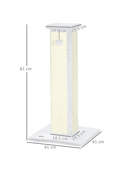 PawHut 81cm Cat Scratcher, Vertical Full Scratcher w/ Natural Sisal Rope, Hanging Ball, Soft Plush - White - pic 147595 | FastDaddyshop