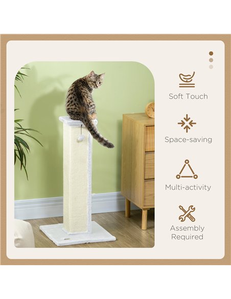 PawHut 81cm Cat Scratcher, Vertical Full Scratcher w/ Natural Sisal Rope, Hanging Ball, Soft Plush - White - pic 147596 | FastDaddyshop