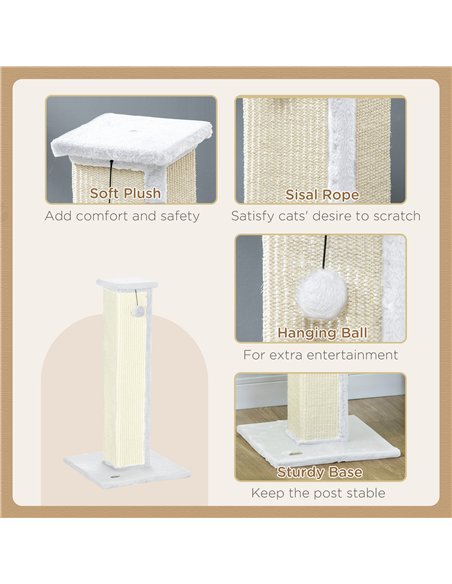 PawHut 81cm Cat Scratcher, Vertical Full Scratcher w/ Natural Sisal Rope, Hanging Ball, Soft Plush - White - pic 147597 | FastDaddyshop
